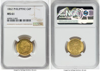 Spanish Colony. Isabel II gold 4 Pesos 1862 MS61 NGC, Manila mint, KM144, Fr-1. A type getting difficult to obtain in Mint State, with sun-gold appear...