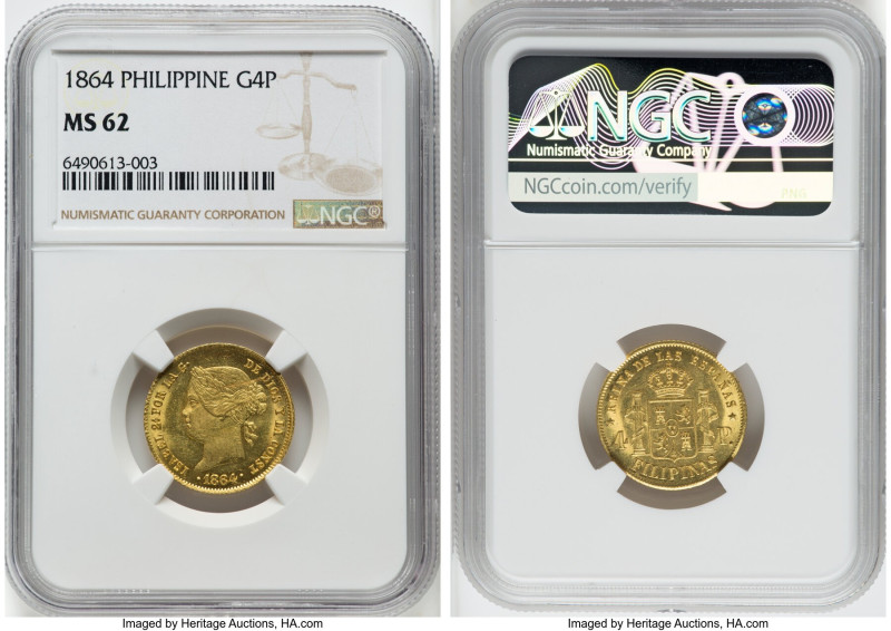 Spanish Colony. Isabel II gold 4 Pesos 1864 MS62 NGC, Manila mint, KM144, Fr-1. ...