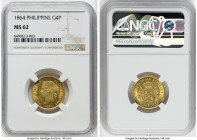 Spanish Colony. Isabel II gold 4 Pesos 1864 MS62 NGC, Manila mint, KM144, Fr-1. A somewhat more elusive date, boasting crisp strike and appreciable br...