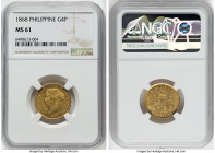 Spanish Colony. Isabel II gold 4 Pesos 1868 MS61 NGC, Manila mint, KM144, Fr-1. A lovely uncirculated example with traces of luster tickling the perip...