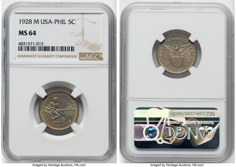 USA Administration 5 Centavos 1928-M MS64 NGC, Manilla mint, KM164. A radiant ne...