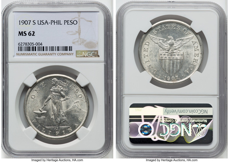 USA Administration Peso 1907-S MS62 NGC, San Francisco mint, KM-172, Allen-17.01...