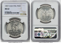 USA Administration Peso 1907-S MS62 NGC, San Francisco mint, KM-172, Allen-17.01. This pretty example has frosty luster and considerable argent brilli...