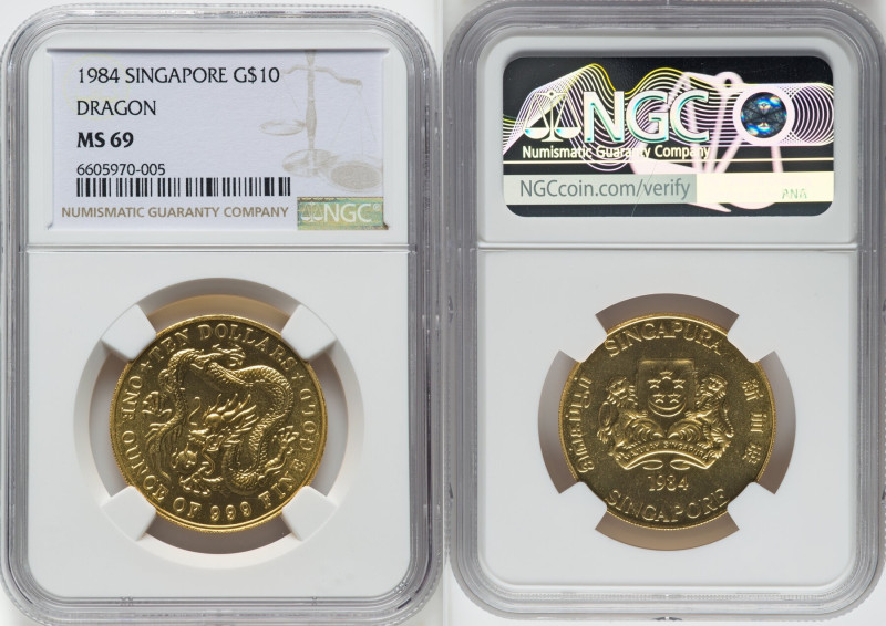 Republic gold "Dragon" 10 Dollars 1984 MS69 NGC, KM31. A stunningly brilliant an...