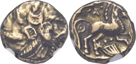 CELTIC BRITAIN, Catuvellauni. Addedomaros, circa 45-25 BC. Stater (Gold, 17,5 mm, 5.52 g). Six-armed spiral of wreaths. Rev. Horse to right; below, 'c...