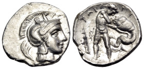 CALABRIA. Tarentum. Circa 380-325 BC. Diobol (Silver, 13 mm, 1.26 g, 3 h). Head of Athena to right, wearing Attic helmet adorned with a hippocamp. Rev...