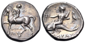 CALABRIA. Tarentum. Circa 272-240 BC. Nomos (Silver, 20 mm, 6.56 g, 1 h), struck under the magistrates Philotas and Di... ΦIΛΩ/TAΣ Horseman advancing ...