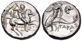 CALABRIA. Tarentum. Circa 272-240 BC. Nomos (Silver, 18 mm, 6.52 g, 12 h), struck under the magistrates Aristokles and Di... API-ΣTO/KΛ-HΣ Warrior hol...