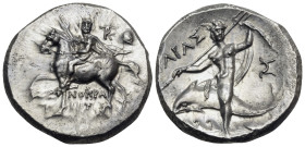 CALABRIA. Tarentum. Circa 240-228 BC. Didrachm or nomos (Silver, 20.5 mm, 6.52 g, 4 h), struck under the magistrate Xenokrates. Armored cavalryman, ri...