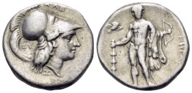 LUCANIA. Herakleia. Circa 281-278 BC. Nomos (Silver, 19 mm, 6.51 g, 6 h). Head of Athena to right, wearing a plain crested Corinthian helmet; above, Α...