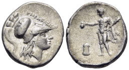 LUCANIA. Herakleia. Circa 276-250 BC. Nomos (Silver, 21 mm, 6.69 g, 11 h). |-HPAKΛEIΩN Head of Athena to right, wearing crested Corinthian helmet deco...