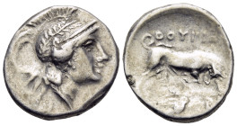 LUCANIA. Thourioi. After 280 BC. Nomos (Silver, 20 mm, 6.28 g, 12 h). Head of Athena to right, wearing crested Attic helmet, the bowl of which is deco...