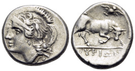 LUCANIA. Thourioi. After 280 BC. Nomos (Silver, 19,5 mm, 6.37 g, 9 h). Head of Athena to left, wearing crested Attic helmet, the bowl of which is deco...