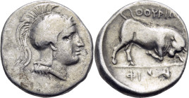 LUCANIA. Thourioi. After 280 BC. Nomos (Silver, 20,5 mm, 6.44 g, 12 h). Head of Athena to right, wearing crested Attic helmet, the bowl of which is de...