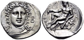 BRUTTIUM. Kroton. Circa 400-325 BC. Nomos (Silver, 23 mm, 7.77 g, 11 h). Head of Hera Lakinia facing, head turned slightly to right, wearing stephane ...