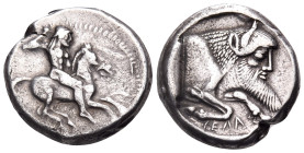 SICILY. Gela. Circa 490/85-480/75 BC. Didrachm (Silver, 20 mm, 8.61 g, 9 h). Bearded horseman, nude, riding to right, brandishing spear in his upraise...