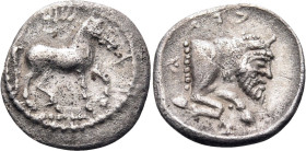 Sicily, Gela. Circa 465-450 BC. Litra (Silver, 12mm, 0.86 g 3). Horse walking right; above, wreath. Rev. ΓΕΛΑΣ Forepart of Acheloos as a man-headed bu...