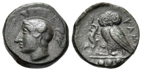 SICILY. Kamarina. Circa 425-405 BC. Tetras (Bronze, 14 mm, 2.90 g, 12 h). Head of Athena to left, wearing crested Corinthian helmet. Rev. KAMA Owl sta...