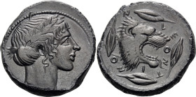 SICILY. Leontini. Circa 450-440 BC. Tetradrachm (Silver, 27 mm, 16.74 g, 4 h). Laureate head of Apollo to right. Rev. ∠Ε-ΟΝ-ΤΙ-ΝΟ-Ν Head of a lion wit...