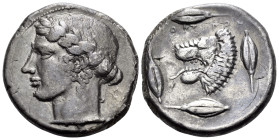 SICILY. Leontini. Circa 450-440 BC. Tetradrachm (Silver, 26 mm, 16.92 g, 12 h). Laureate head of Apollo to left, his hair bound up at the back. Rev. Λ...