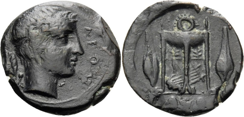 SICILY. Leontini. Circa 405 BC. Tetras (Bronze, 14 mm, 1.65 g, 3 h). ΛΕΟΝ Laurea...