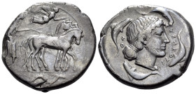 SICILY. Syracuse. Second Democracy, 466-405 BC. Tetradrachm (Silver, 29 mm, 16.86 g, 2 h), circa 450-440. Charioteer, holding reins in left hand and k...