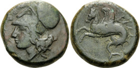 SICILY. Syracuse. Dionysios I, 405-367 BC. Litra (Bronze, 17 mm, 5.36 g, 2 h). ΣYPA Head of Athena to left, wearing Corinthian helmet. Rev. Hippocamp ...