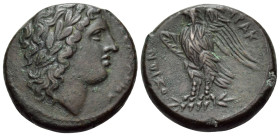 SICILY. Syracuse. Hiketas, 287-278 BC. Litra (Bronze, 22 mm, 8.45 g, 1 h). ΔIOΣ EΛΛANIOY Laureate head of Zeus Hellanios to right. Rev. ΣYPAK - OΣIΩN ...