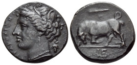 SICILY. Syracuse. Hieron II, 275-215 BC. Trias (?) (Bronze, 20 mm, 6.38 g, 5 h), circa 275-269. ΣΥPAKOΣIΩN Head of Kore to left, wearing wreath of gra...