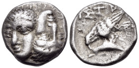 MOESIA. Istros. 4th century BC. Drachm (Silver, 18 mm, 6.67 g, 3 h). Two facing male heads side by side, one upright and the other inverted. Rev. ΙΣΤΡ...