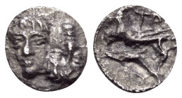 MOESIA. Istros. 4th century BC. Hemiobol (Silver, 8 mm, 0.36 g). Two facing male heads side by side, one upright and the other inverted - a tête-bêche...