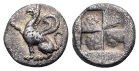 THRACE. Abdera. Circa 500-480 BC. Obol (Silver, 7 mm, 0.58 g). Griffin seated left, raising right forepaw. Rev. Quadripartite incuse square. HGC 3.2, ...