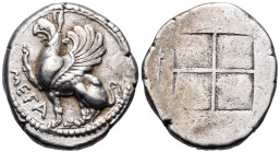 THRACE. Abdera. Circa 475-450 BC. Tetradrachm (Silver, 26 mm, 15.05 g), struck under the magistrate Mega... MEΓΑ Griffin seated left, with open wings ...