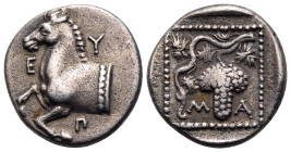 THRACE. Maroneia. Circa 398/7-386/5 BC. Triobol (Silver, 15 mm, 2.66 g, 6 h). E-Y-Π Forepart of horse to left. Rev. Μ-Α Grape bunch on vine, within do...