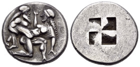 ISLANDS OFF THRACE, Thasos. Circa 480-463 BC. Stater (Silver, 21 mm, 8.96 g). Nude, ithyphallic satyr rushing to right in the archaic kneeling-running...