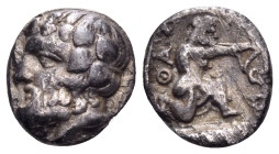 ISLANDS OFF THRACE, Thasos. Circa 411-340 BC. Trihemiobol (Silver, 10 mm, 0.94 g, 12 h). Bearded head of Dionysos to left, wearing ivy wreath with ber...