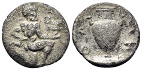 ISLANDS OFF THRACE, Thasos. Circa 411-340 BC. Trihemiobol (Silver, 11.5 mm, 0.83 g, 10 h). Satyr kneeling to right, his head turned 3/4 facing, holdin...