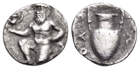 ISLANDS OFF THRACE, Thasos. Circa 411-340 BC. Trihemiobol (Silver, 11 mm, 0.81 g, 12 h). Bald satyr kneeling to left, holding a kantharos in his right...
