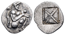 THRACO-MACEDONIAN REGION. Berge (previously Lete or Siris). Circa 525-480 BC. Trihemiobol or 1/8 Stater (Silver, 12 mm, 0.92 g). Satyr crouching to ri...
