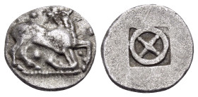 THRACO-MACEDONIAN TRIBES, Ichnai. Circa 485-470 BC. Diobol (Silver, 10.5 mm, 1.06 g). Bull kneeling right, head turned to left; arond, four pellets. R...