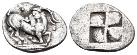 THRACO-MACEDONIAN TRIBES, Mygdones or Krestones. Circa 490-485 BC. 1/8 Stater (Silver, 13 mm, 0.97 g). Goat kneeling right on pelleted ground line, hi...