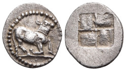 THRACO-MACEDONIAN TRIBES, Orreskioi. Circa 480-465 BC. Diobol (Silver, 12 mm, 0.93 g). Bull standing to right, beginning to crouch down. Rev. Quadripa...