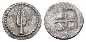 KINGS OF MACEDON. Alexander I, 498-454 BC. Hemiobol (Silver, 8 mm, 0.28 g). Spearhead. Rev. Quadripartite incuse square. Klein 119. SNG ANS 1003. SNG ...