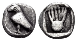 MACEDON. Olophyxos. Circa 450 BC. Obol (Silver, 8 mm, 0.57 g, 6 h). Eagle(?) standing left. Rev. Kithara within incuse square. SNG Copenhagen 145 (as ...