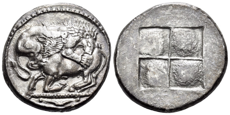 MACEDON. Akanthos. Circa 525-470 BC. Tetradrachm (Silver, 26 mm, 17.05 g). Lion ...