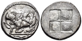 MACEDON. Akanthos. Circa 525-470 BC. Tetradrachm (Silver, 26 mm, 17.05 g). Lion to right, attacking bull, collapsing to left with head raised and look...