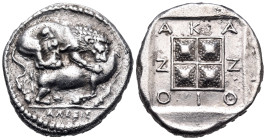 MACEDON. Akanthos. Circa 430-390 BC. Tetradrachm (Silver, 25 mm, 14.24 g, 11 h), struck under the magistrate Alexi(o)s. ΑΛΕΞΙΣ Lion to right, attackin...