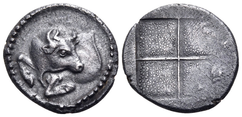 MACEDON. Akanthos. Circa 470-390 BC. Tetrobol (Silver, 16 mm, 2.28 g). ΠΕ Forepa...