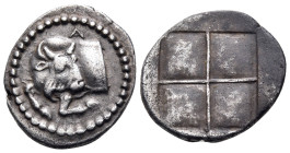 MACEDON. Akanthos. Circa 470-390 BC. Tetrobol (Silver, 16 mm, 2.32 g). A Forepart of bull to left, his head turned back to right. Rev. Quadripartite i...