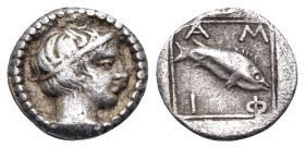 MACEDON. Amphipolis. Late 5th-early 4th century BC. Obol (Silver, 7 mm, 0.41 g, 12 h). Male head to right (Apollo?), wearing tainia. Rev. A-M-Φ-I Perc...